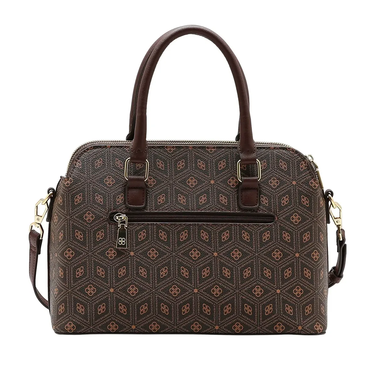 Bolsa Chenson café com estampa geométrica vista traseira e bolso externo
